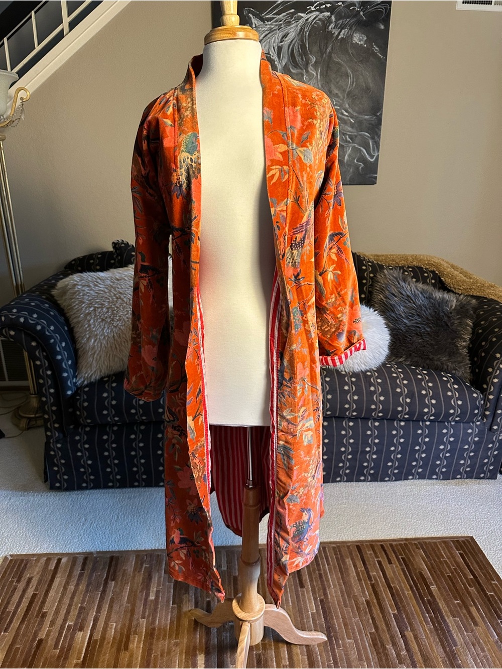 Orange Floral Velvet Open-Front Duster - O/S